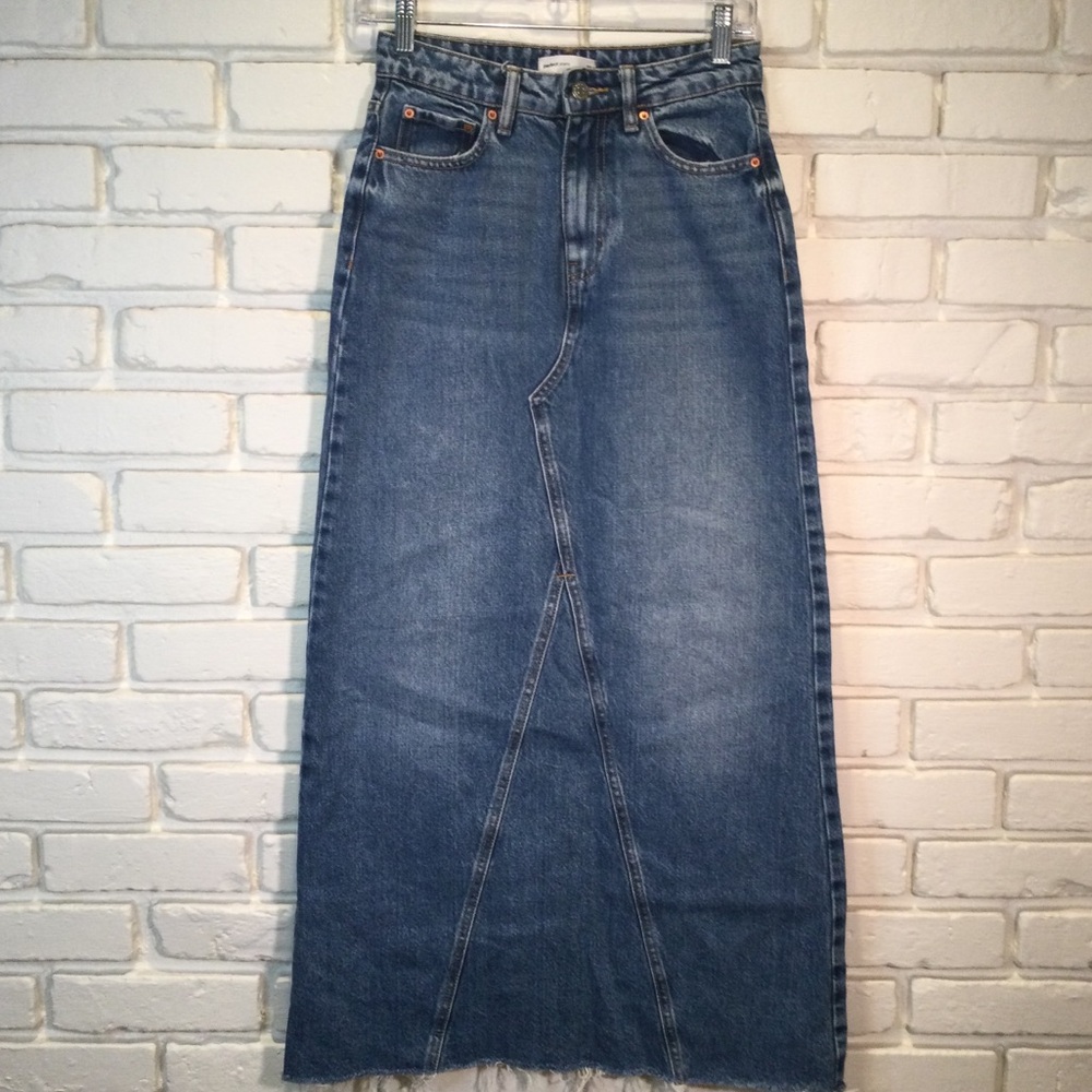 Gina Tricot Denim Maxi Skirt Raw Hem XXS